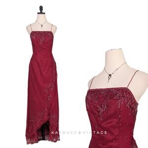 Scala Beaded Prom Dress Maxi Gown S Red Pink Silk Y2K Fairy Y2K Modest Gatsby
